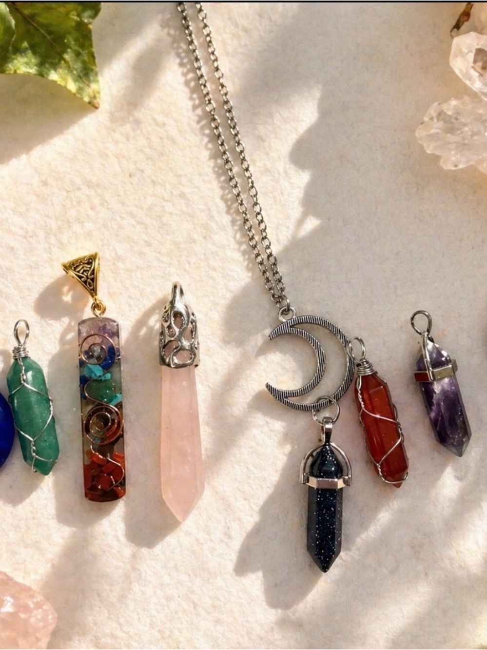 Silver Moon Pendant Necklace with Black and Rose Quartz Point Charms